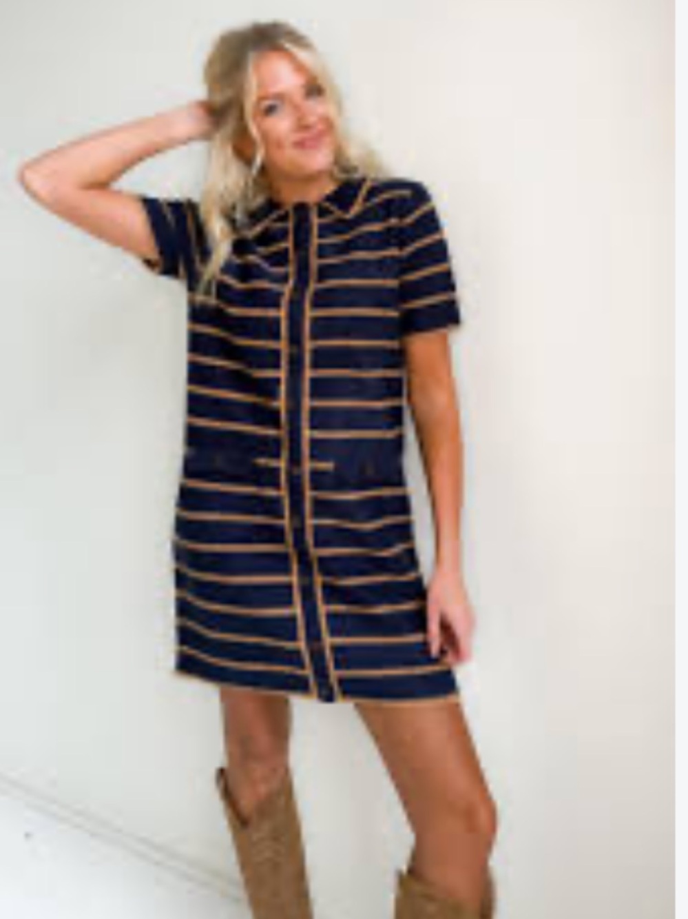 Wishlist Navy and Tan Striped Short Sleeve Coat-Dress